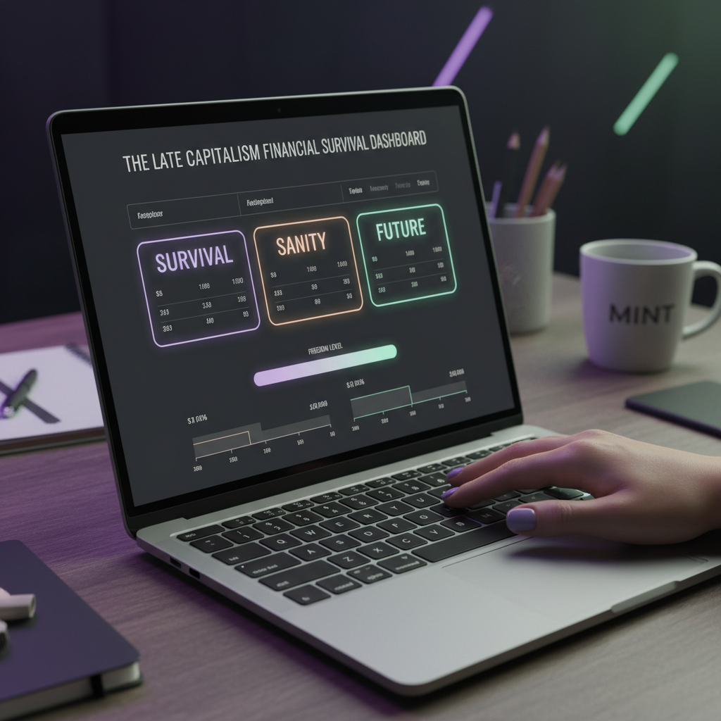 A dark-mode spreadsheet with pastel purple and mint accents displaying Survival, Sanity, and Future expense categories with a glowing progress bar