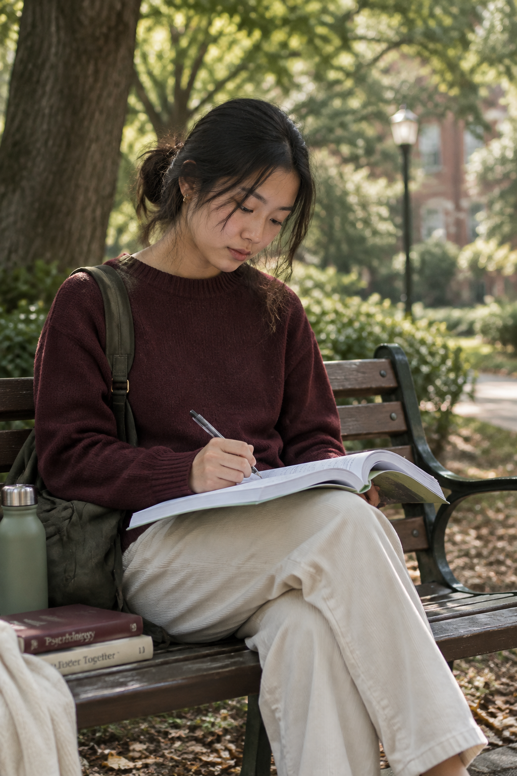 Young Asian woman sitting on a park bench writing in a workbook