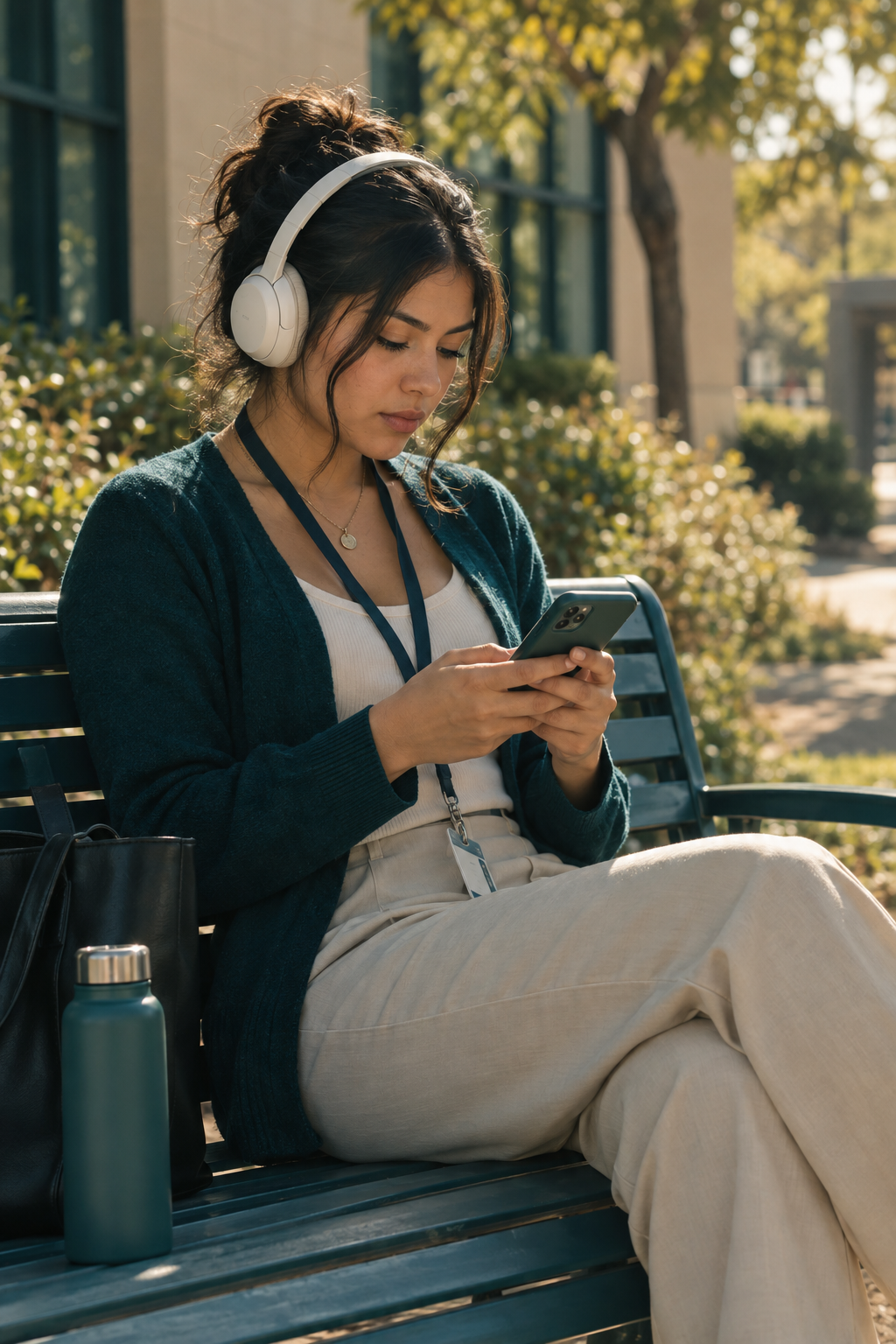 Young Latina woman sitting alone on a bench outside, quietly looking at her phone