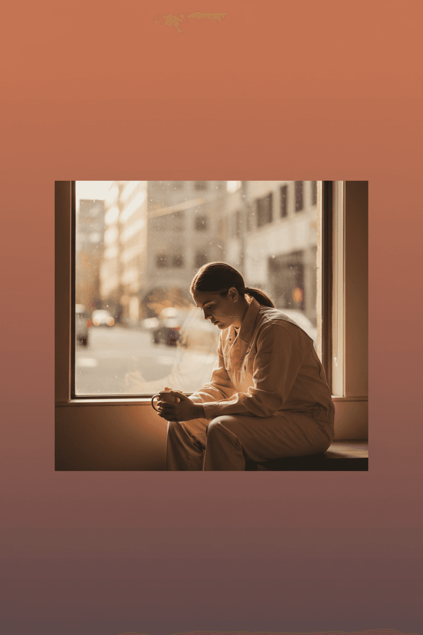 Grieving on the Clock — lone worker by window, terracotta and mauve cover
