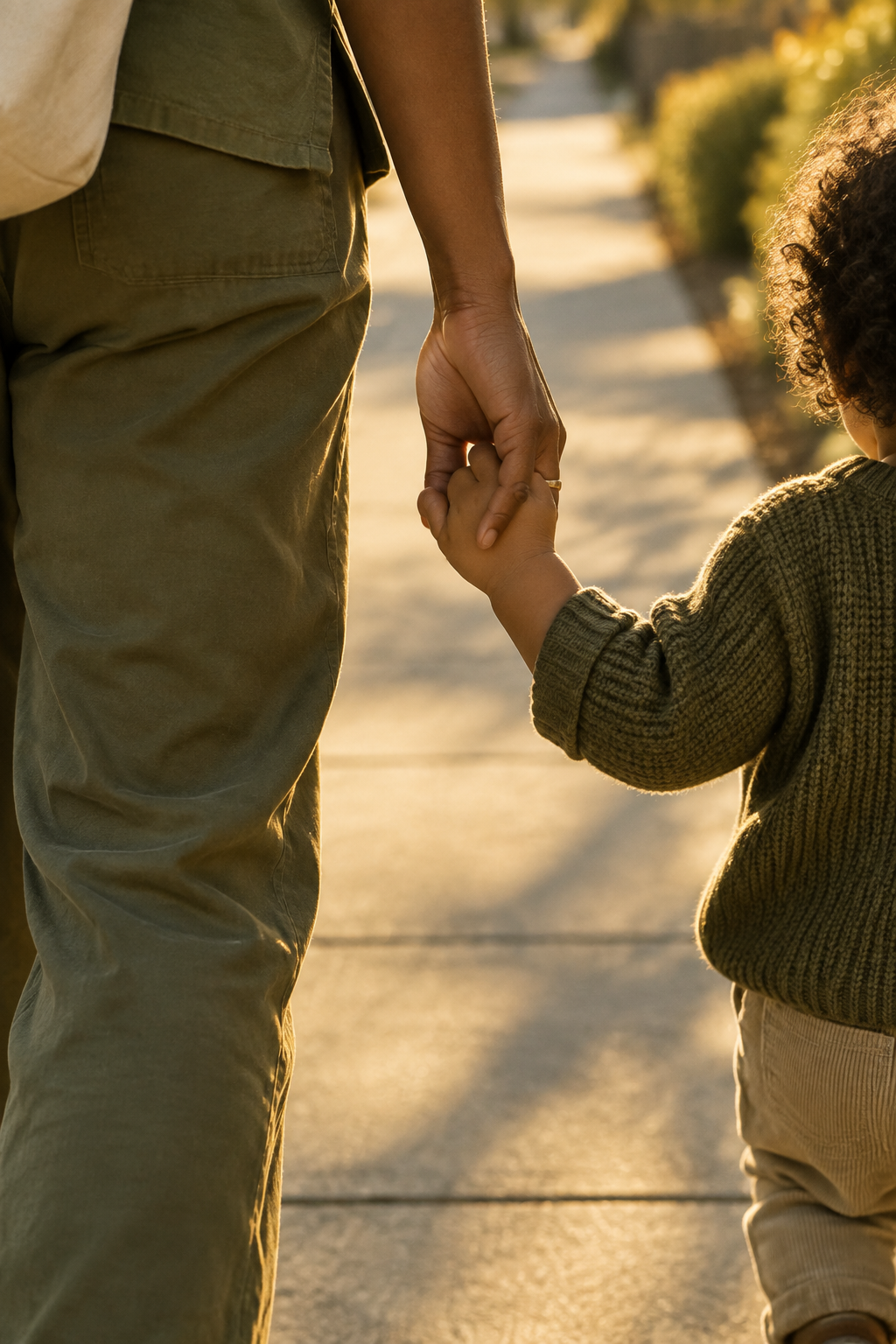 Close-up of a parent holding their child's hand while walking in warm sunlight