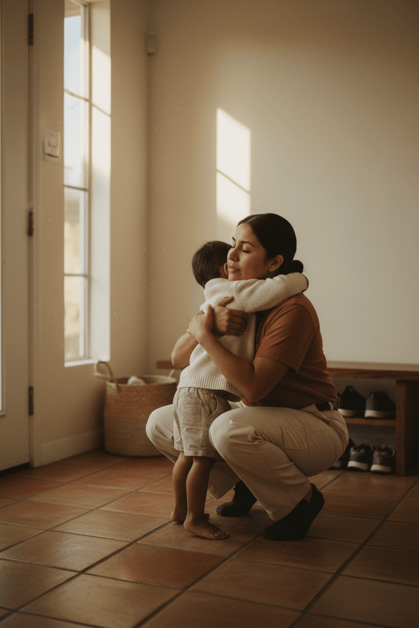 Latina woman in uniform hugging small child tightly in home entryway