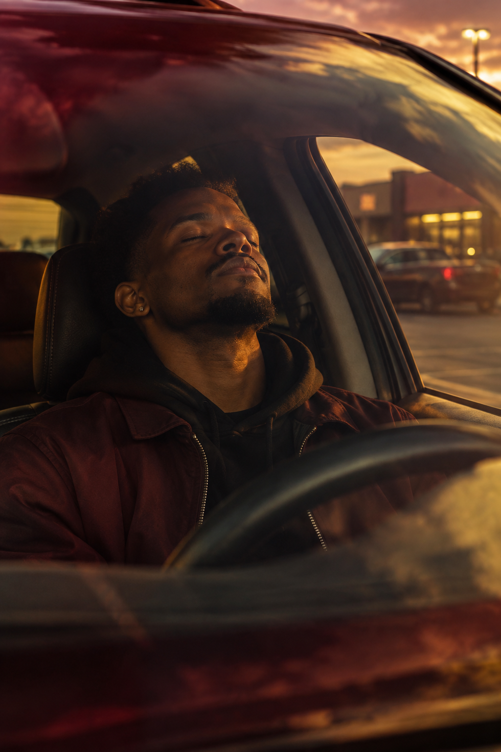 Young Black man sitting in his car, eyes closed, taking a deep breath and gathering himself
