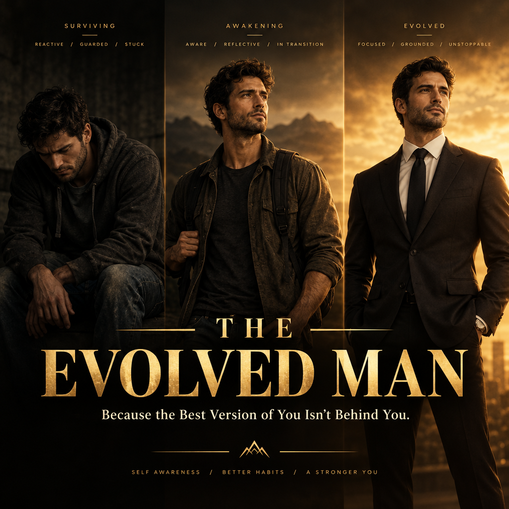 The Evolved Man workbook cover — three-stage transformation sequence