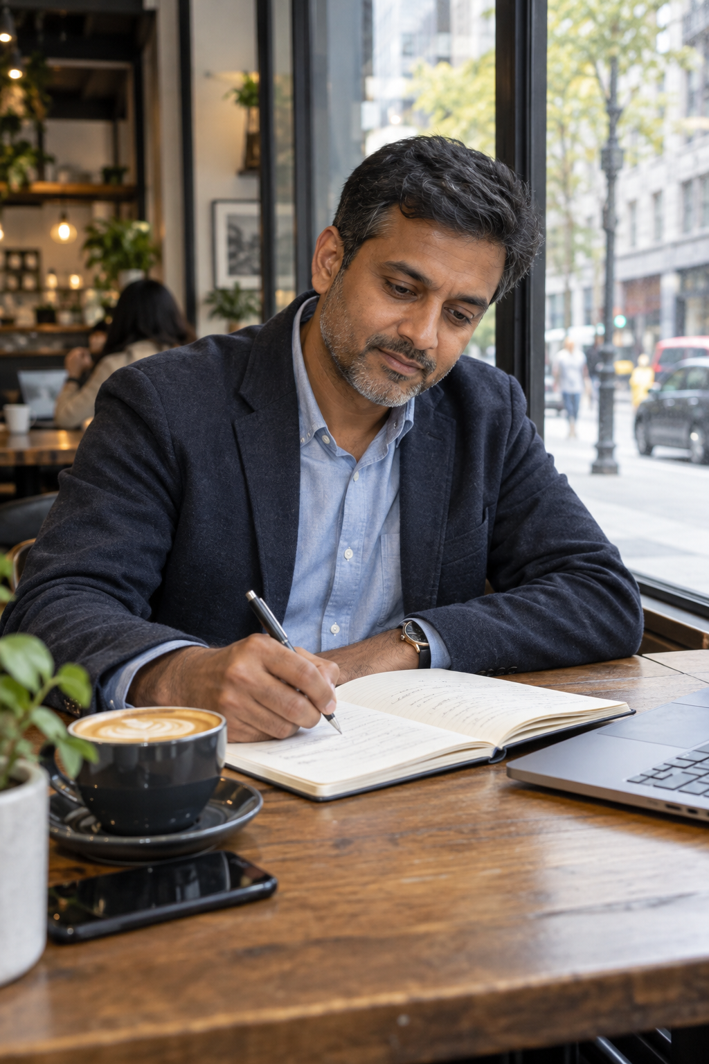 South Asian man writing in workbook at coffee shop