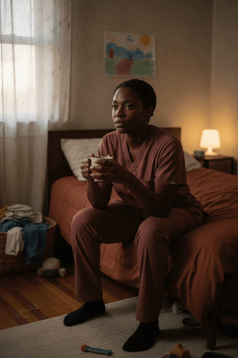 Black woman in work uniform sitting on bed edge with coffee before kids wake up