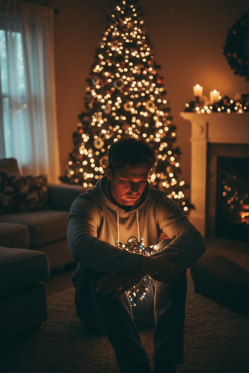 Person sitting on floor by Christmas tree feeling reflective