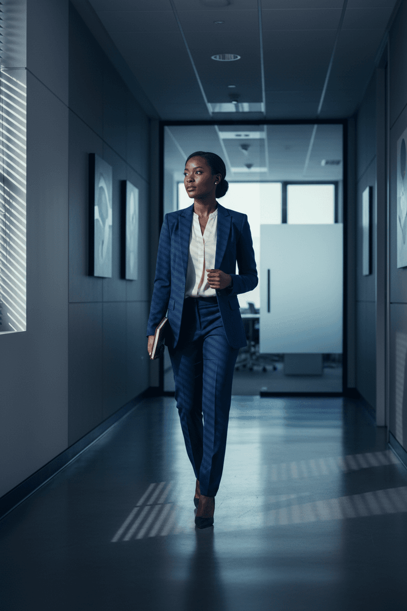 Purposeful Black woman walking through office hallway