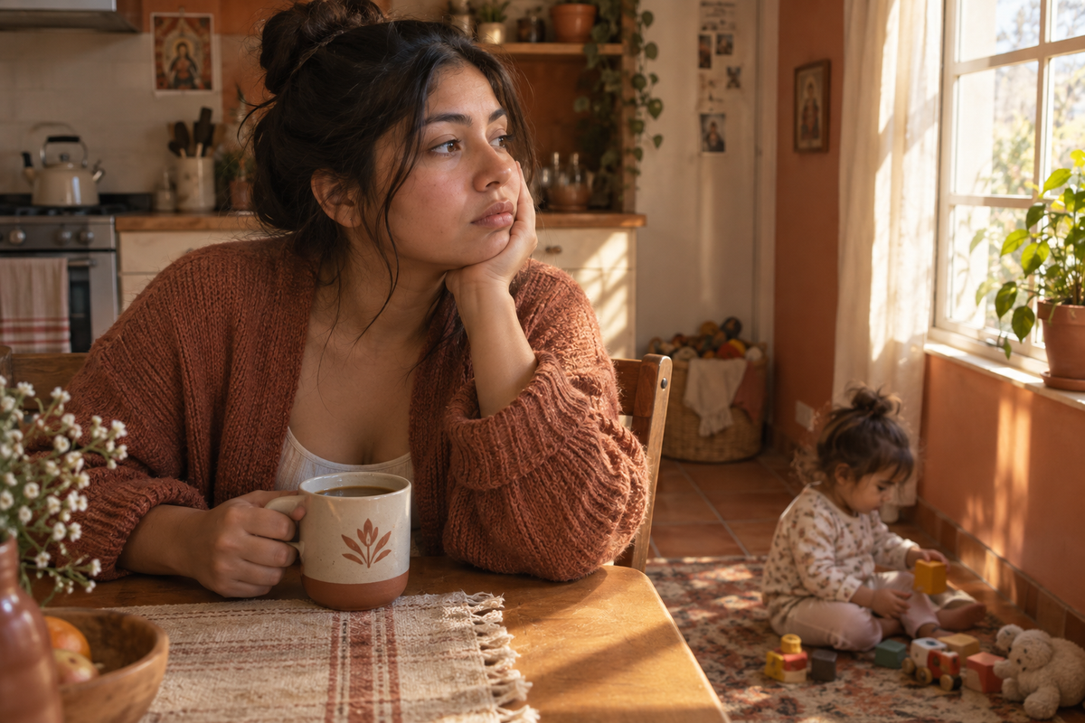Young Latina mother sitting at kitchen table with coffee in a tired, honest moment