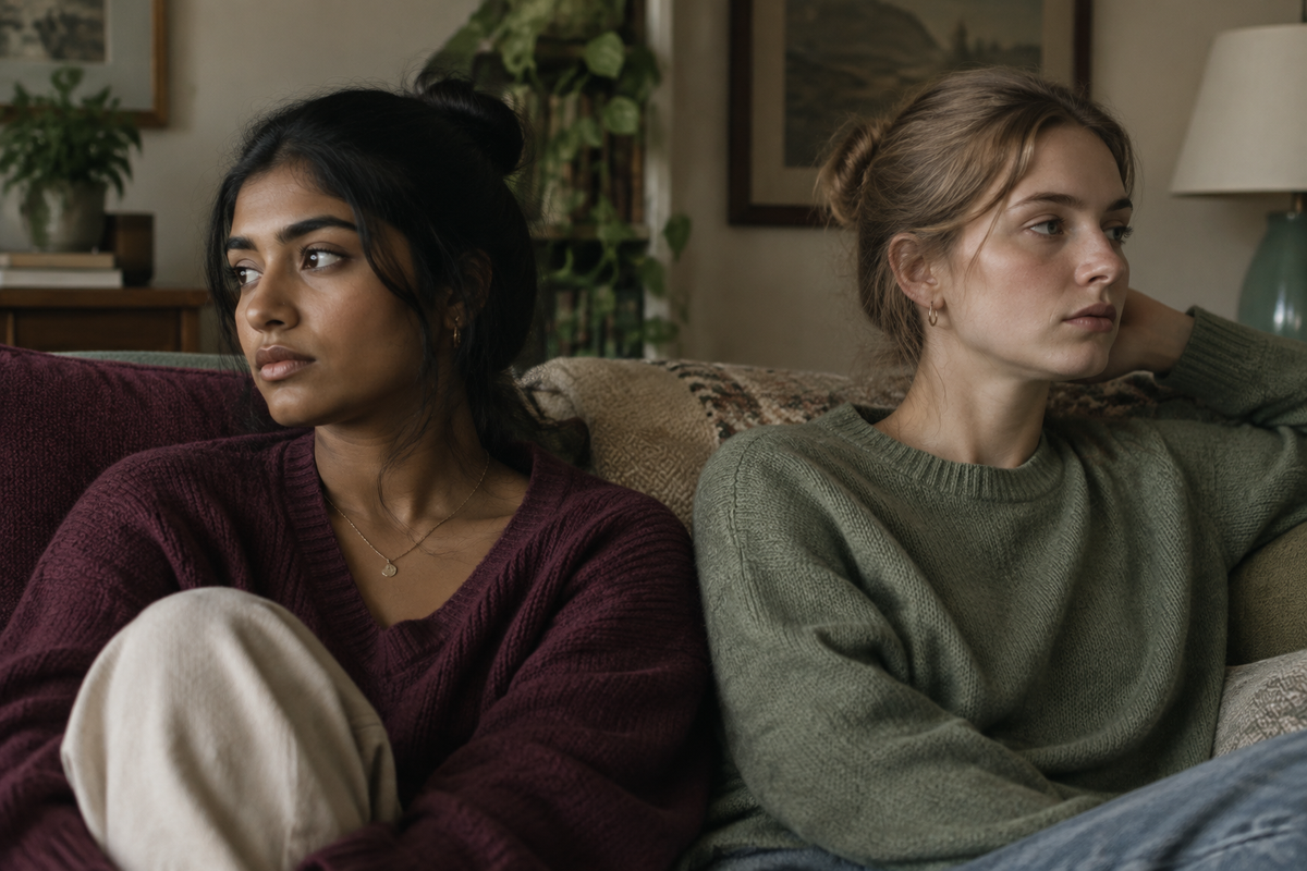 Two young women sitting close together but looking in different directions — quiet tension