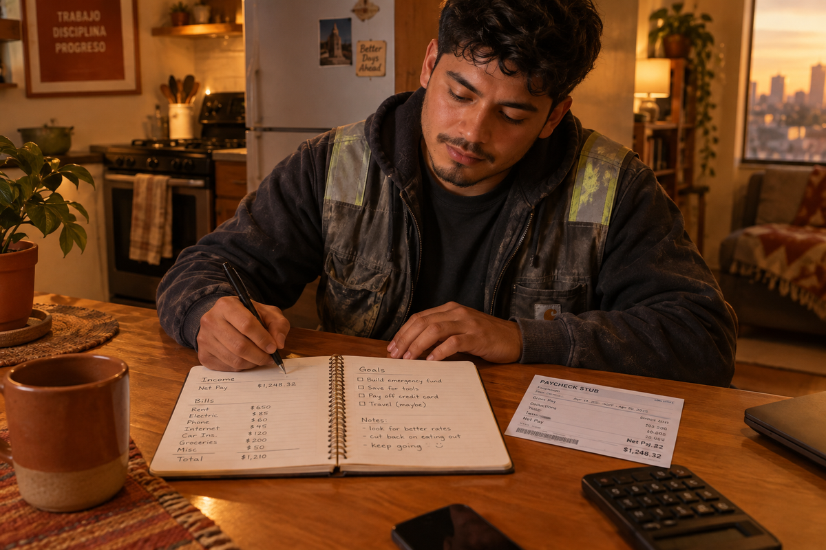 Young Latino man sitting at kitchen table writing out a budget after a work shift