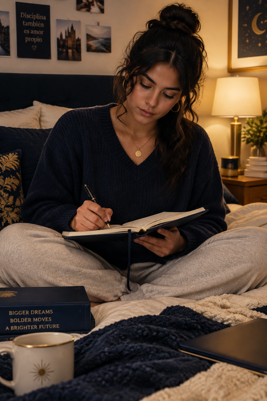 Young Latina woman sitting on her bed journaling with focus and quiet determination