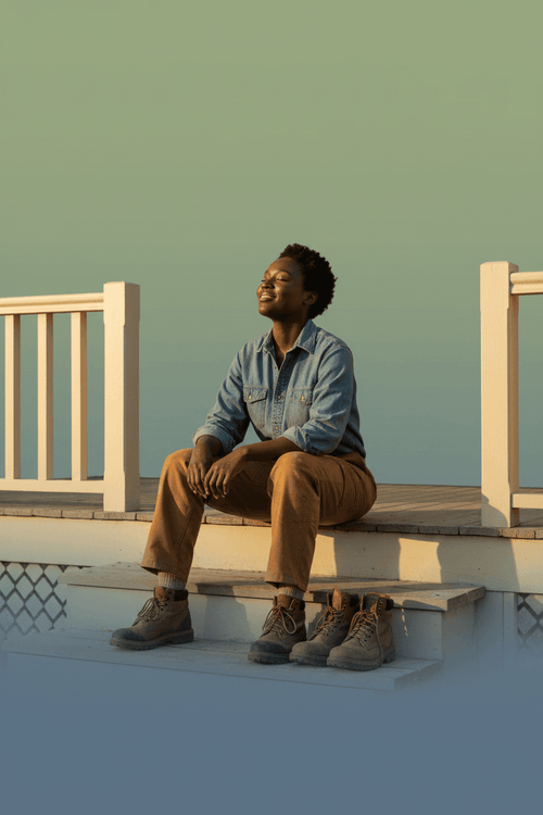 Black woman sitting on front steps after her shift, tired but looking up with hope