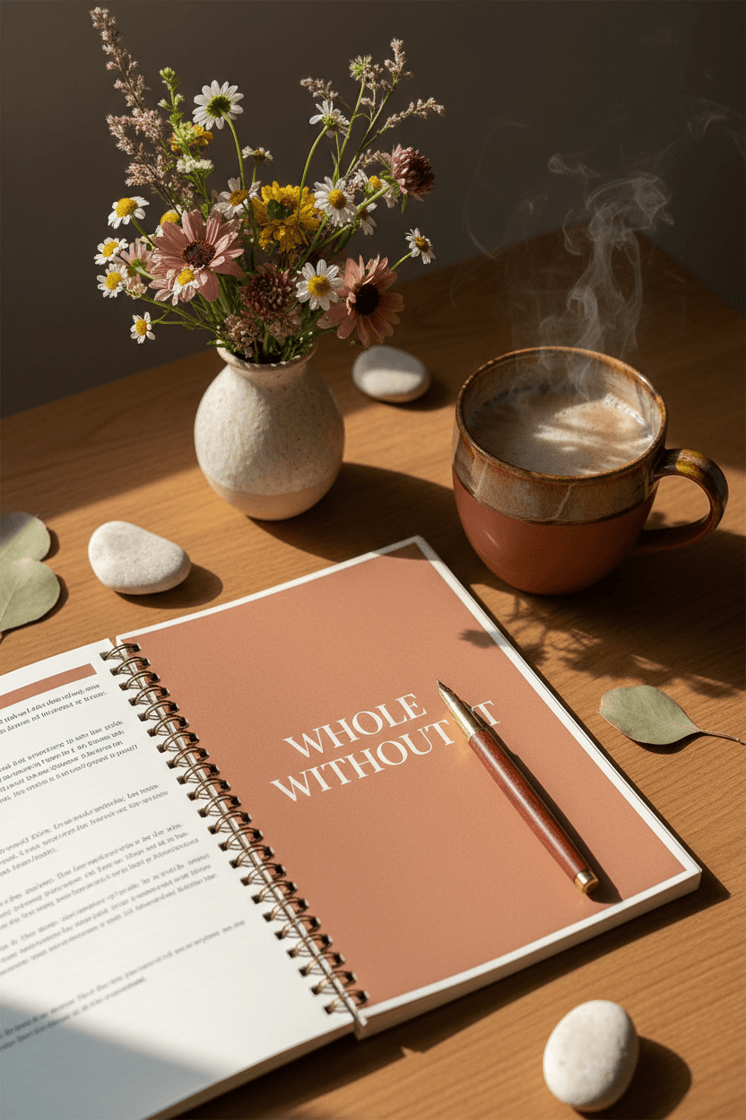 Whole Without It - workbook flat lay with wildflowers and mug