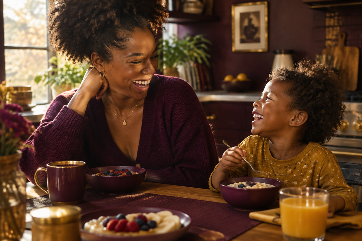 Young Black mother and child laughing together at the breakfast table