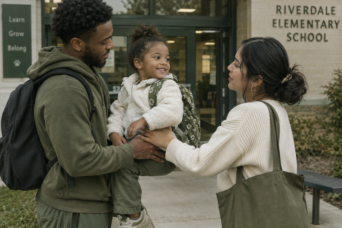 Two young co-parents doing a child handoff outside a school building, cooperative and civil