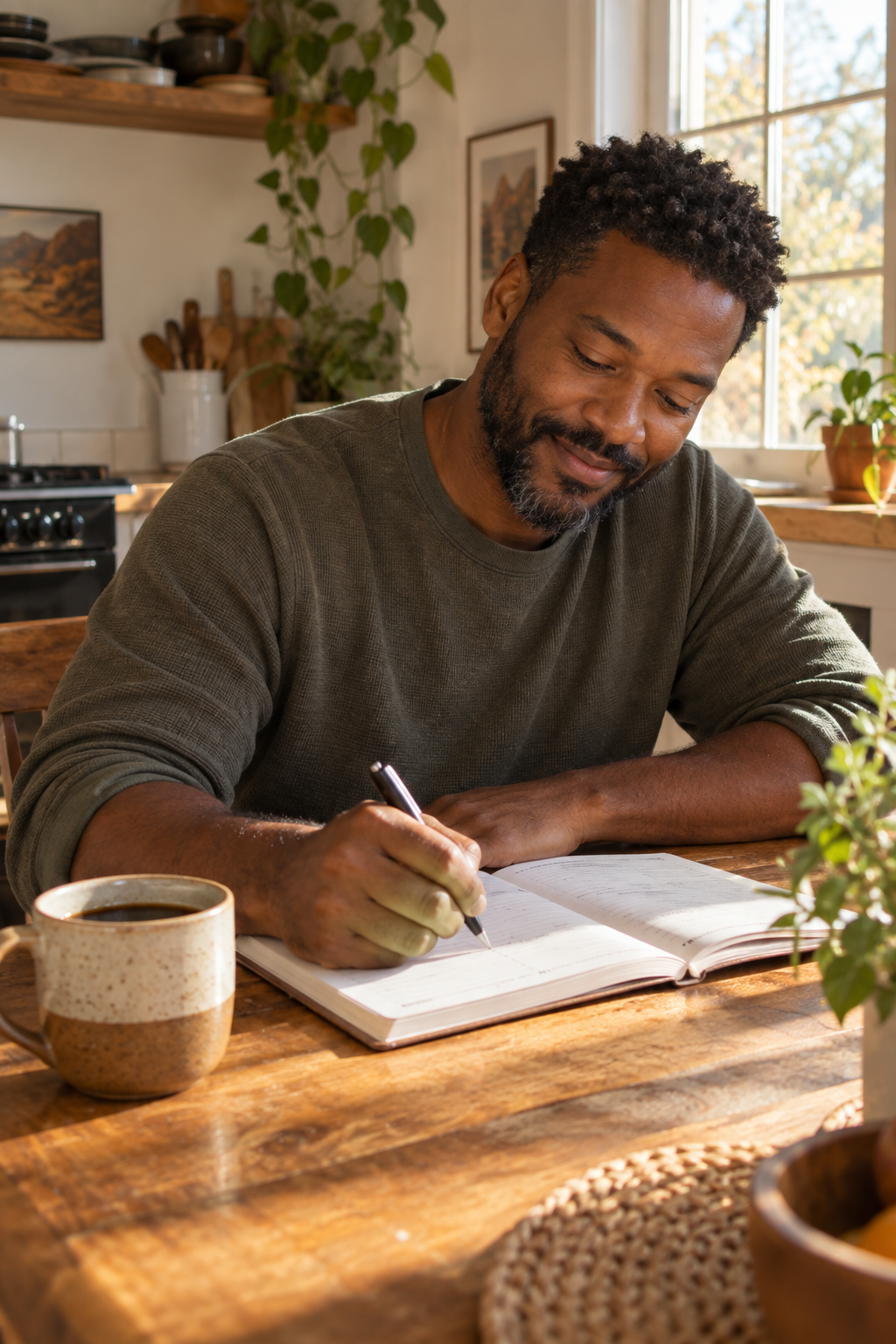 Black man journaling at kitchen table, morning light