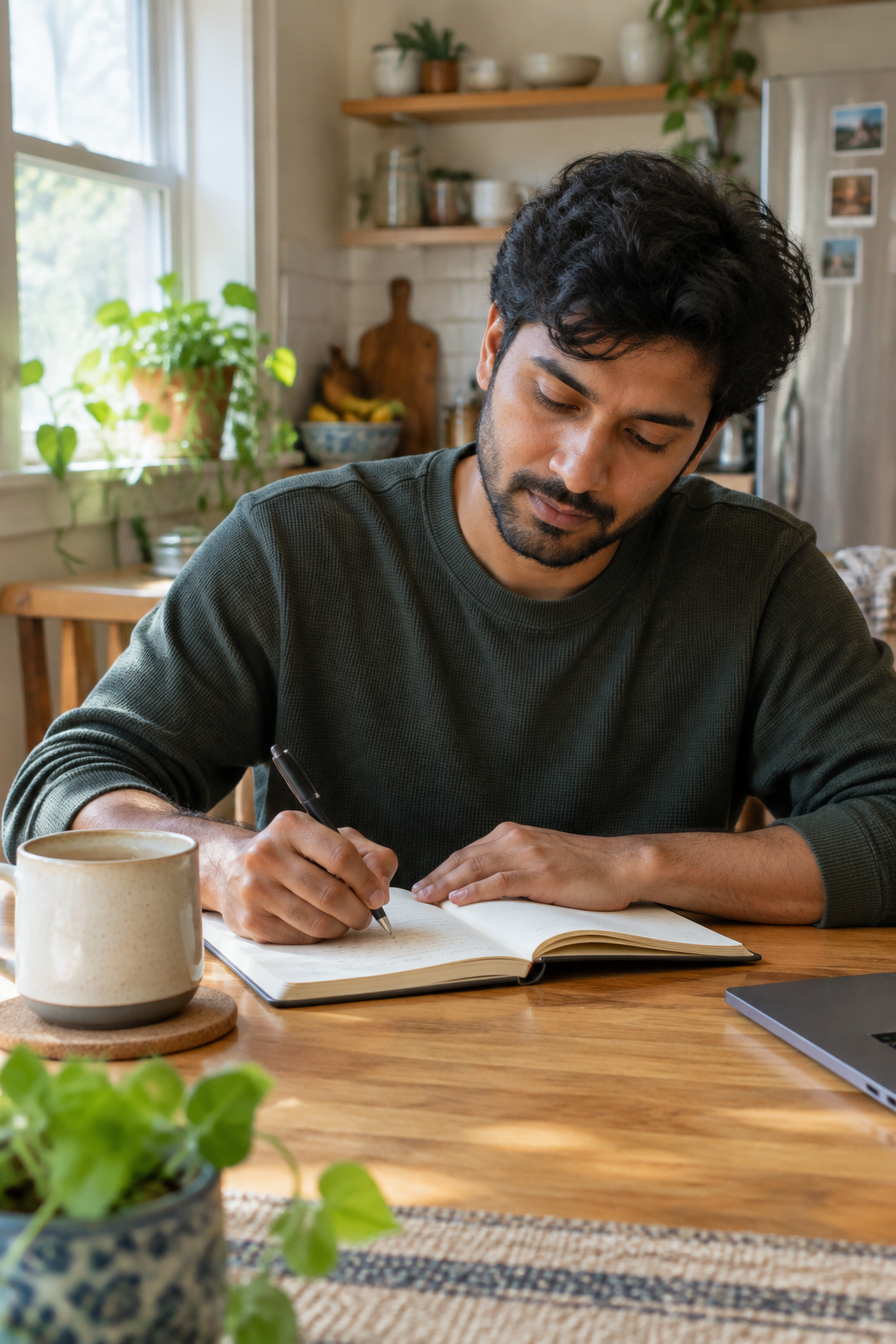 South Asian man journaling at kitchen table, morning light