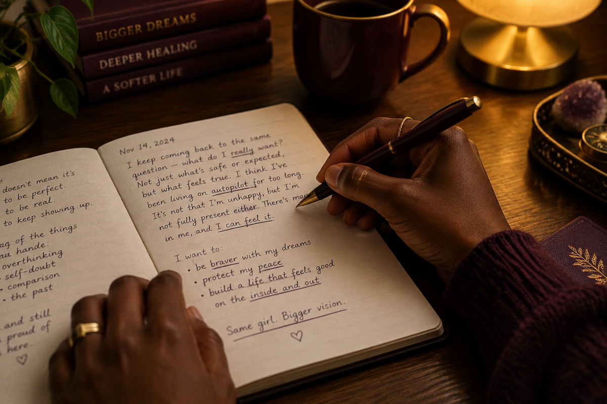 Close-up of hands writing in a journal under warm lamp light