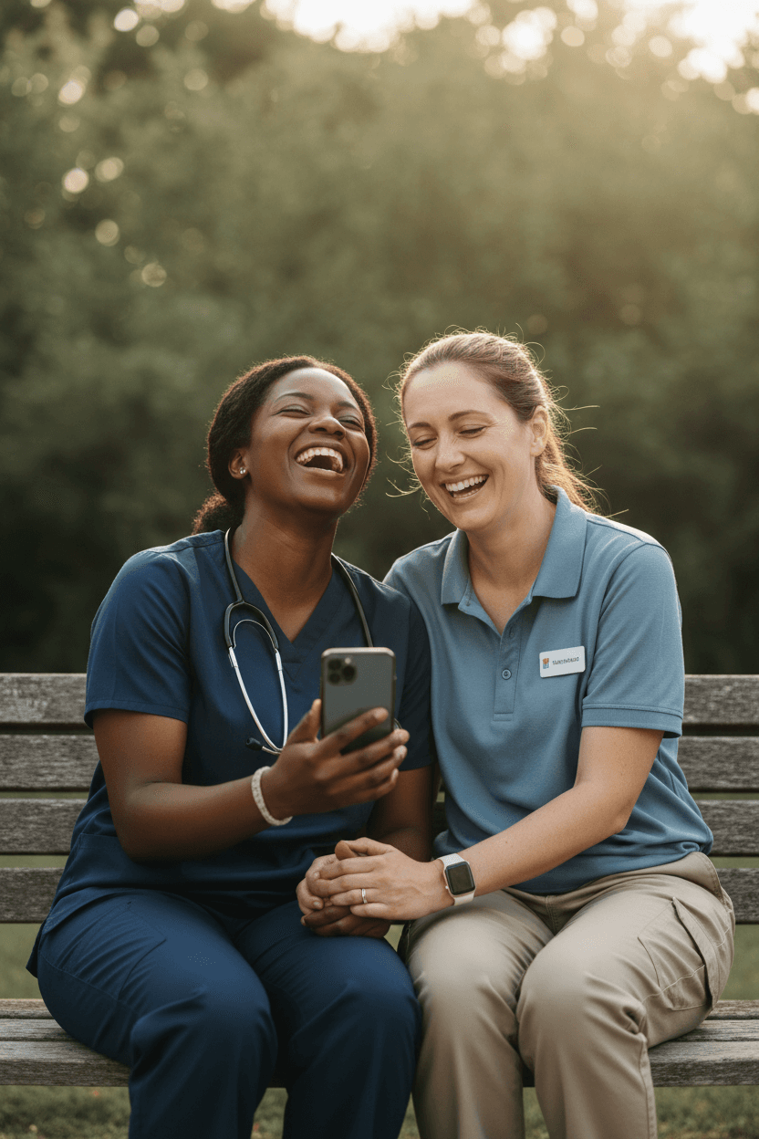 Black nurse and white retail worker sitting on bench laughing together after their shifts