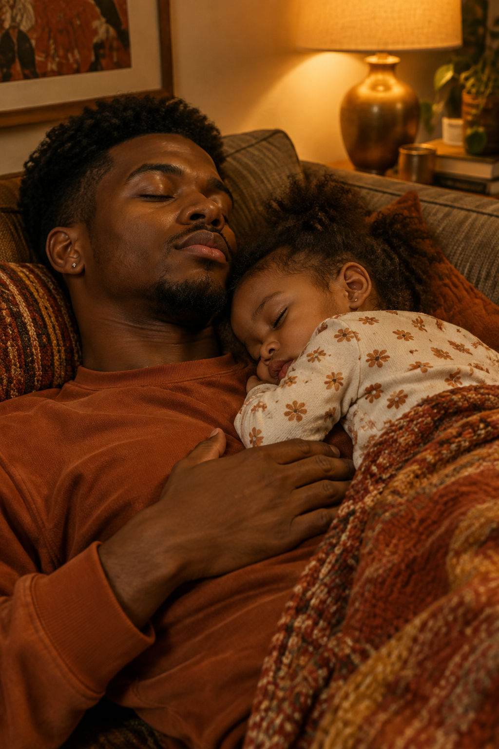 Young Black father resting on couch with his child sleeping on his chest