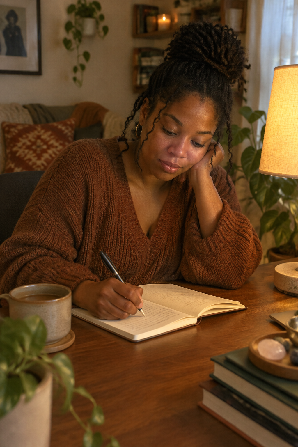 Black woman journaling, calm and introspective