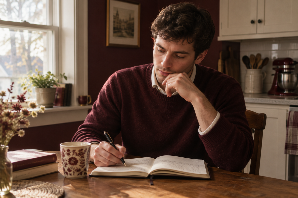Young white man journaling alone at his kitchen table in morning light