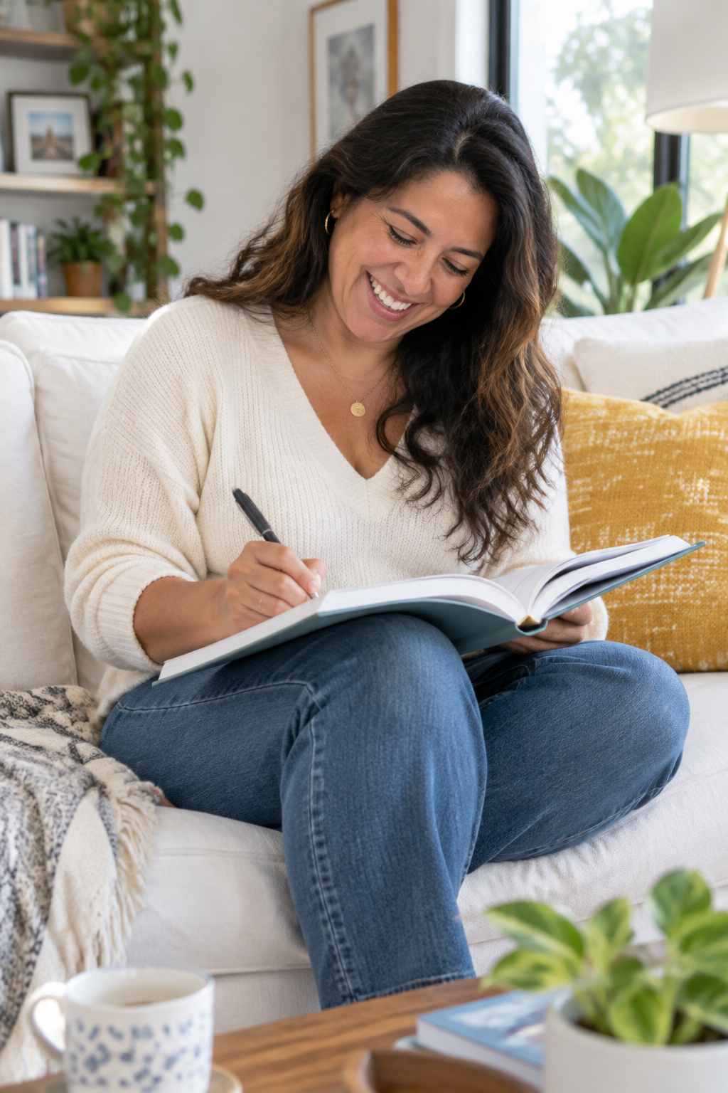 Latina woman on couch laughing as she writes in workbook