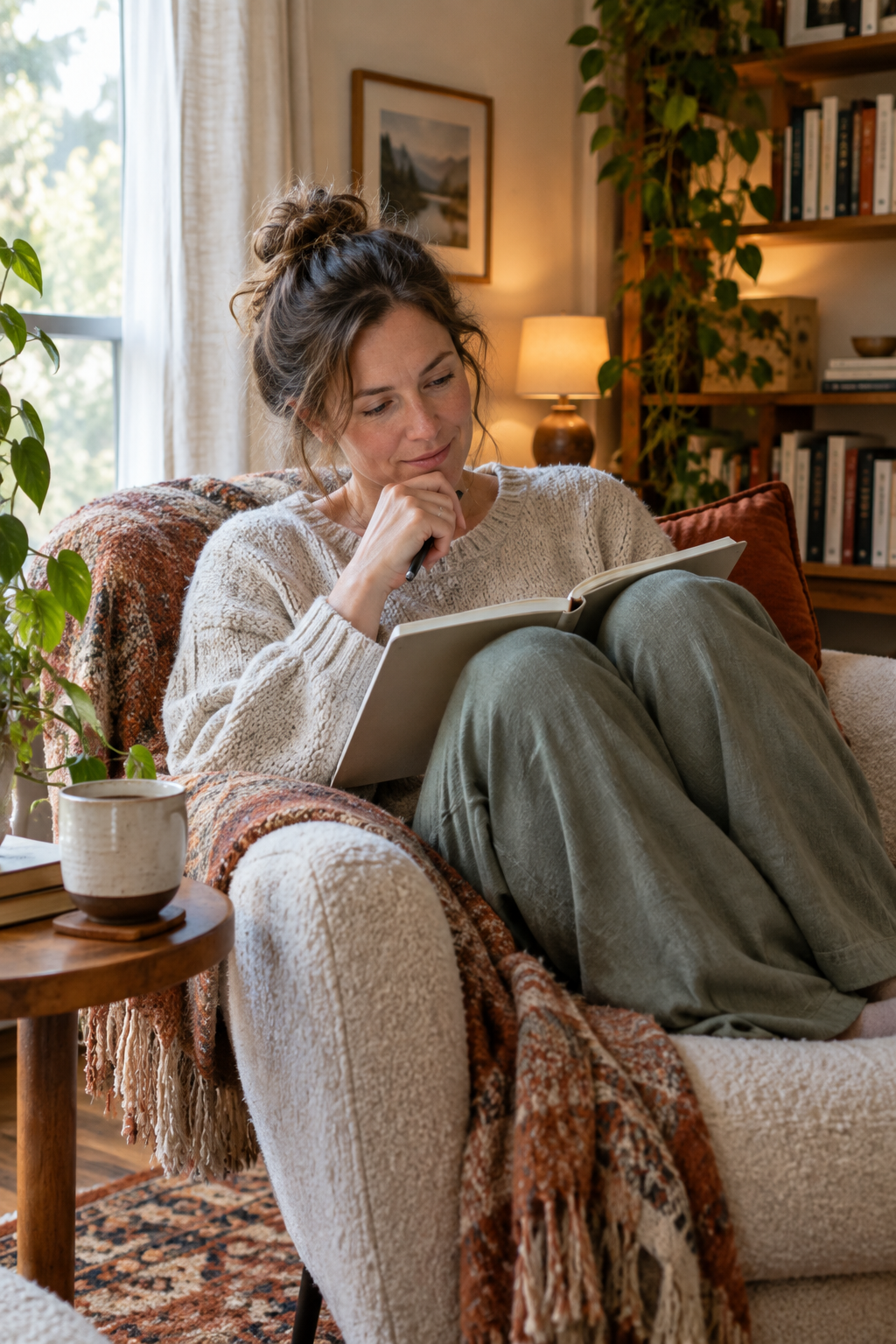 White woman in reading chair with workbook, peaceful