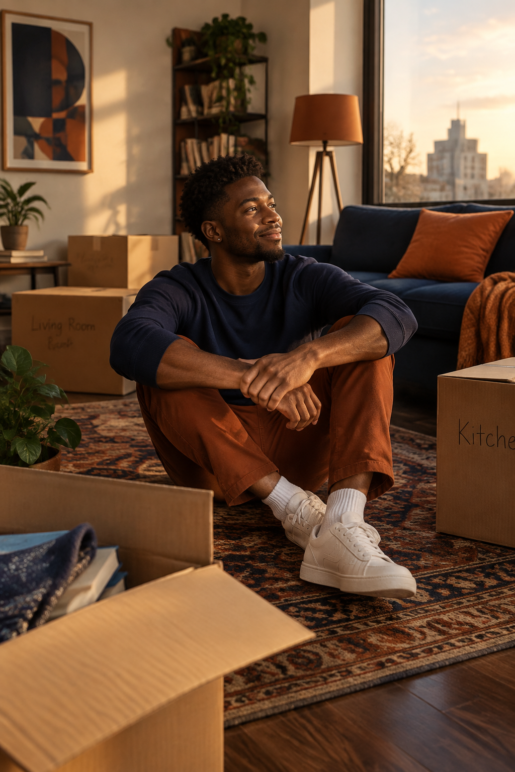 Young Black man sitting in his new apartment surrounded by moving boxes, quietly starting over