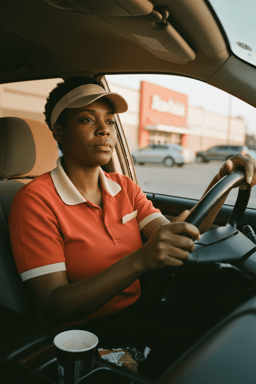 Black woman in uniform sitting in car before her shift, quiet resolve
