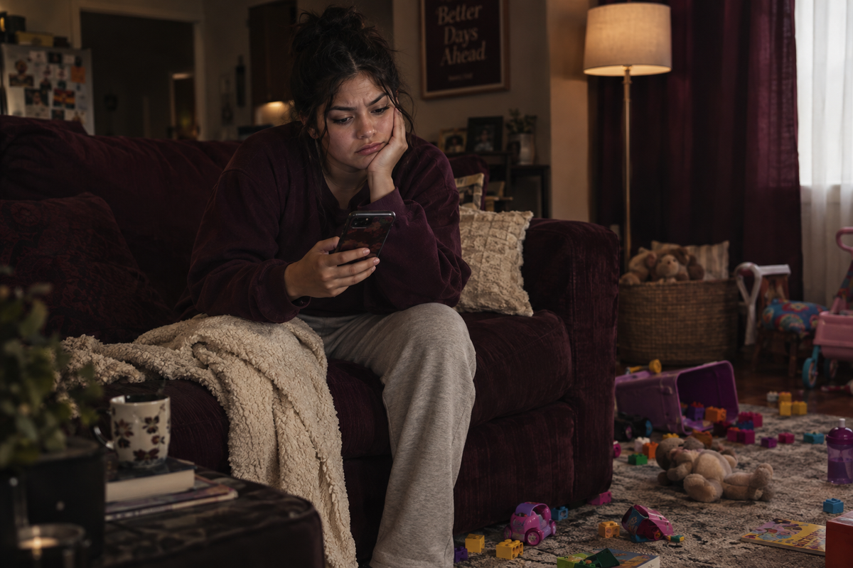 Young Latina mother on couch, tired frustration on her face, child's toys scattered around her