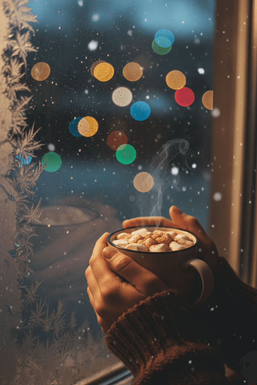 Hands wrapped around mug near frosted holiday window