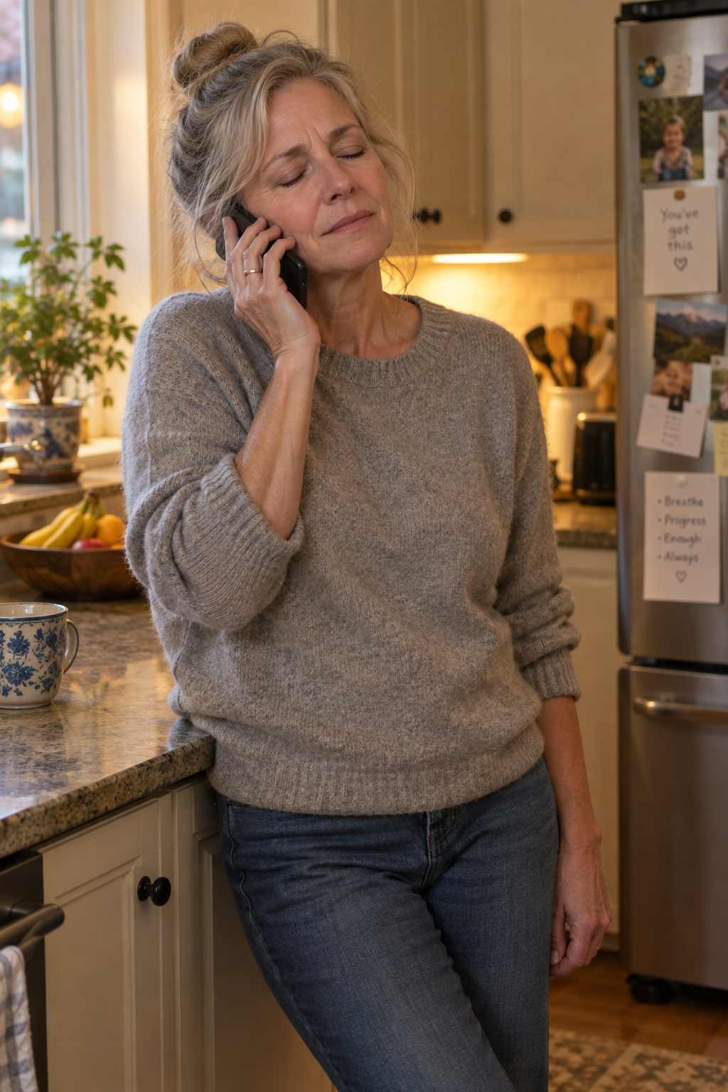 White woman on phone in kitchen holding it together