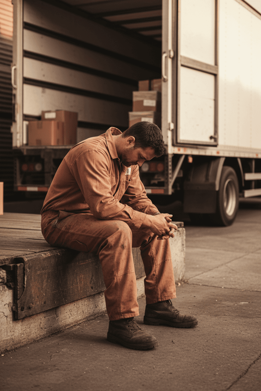 Man in work clothes on loading dock, head bowed, grieving between shifts