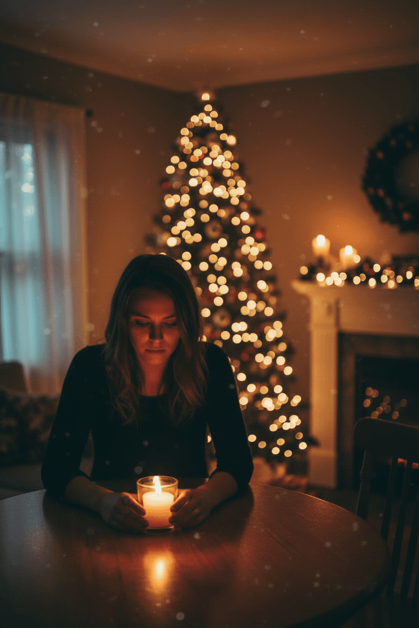 Woman alone at candlelit holiday dinner table