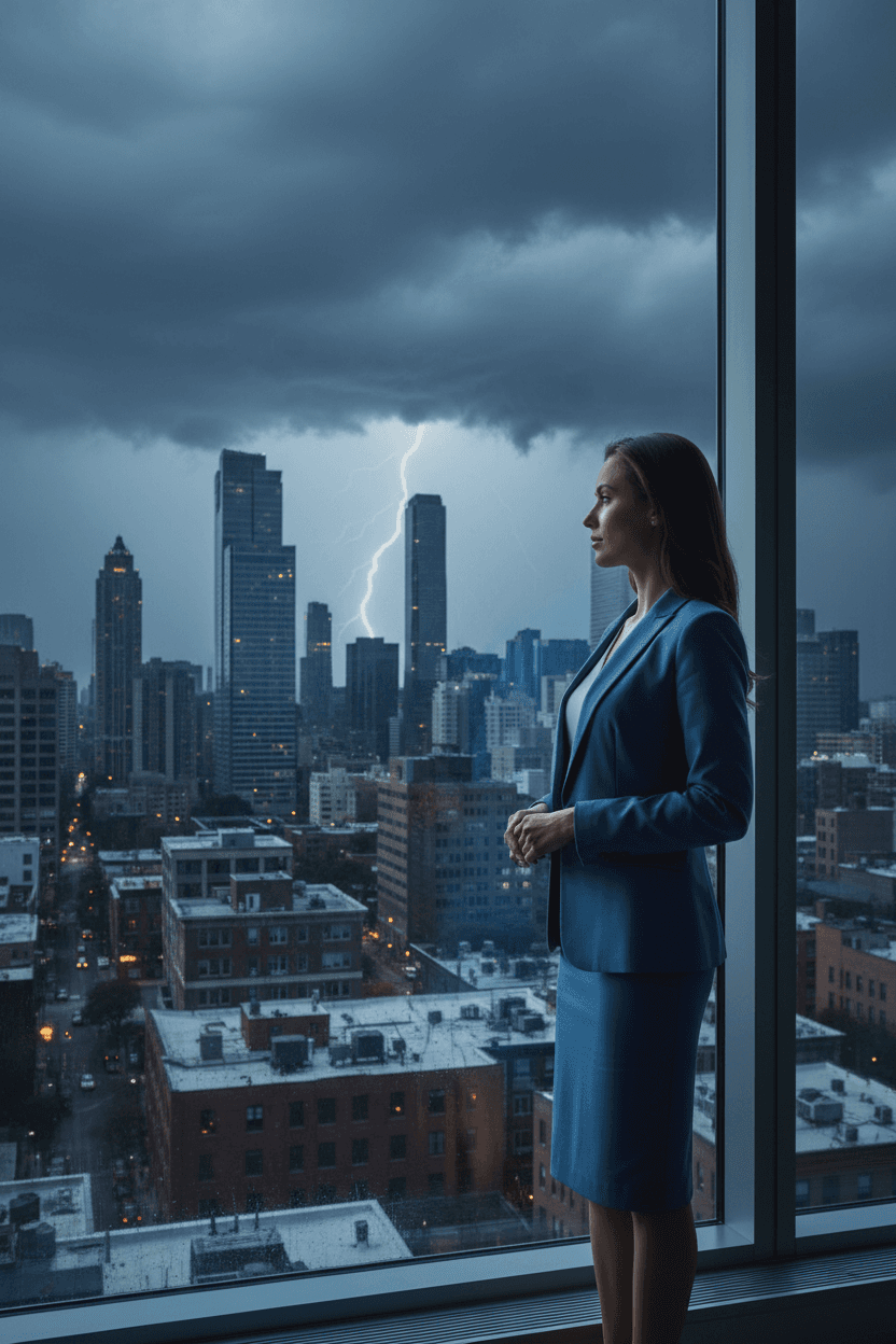Professional woman standing at office window with dramatic stormy sky