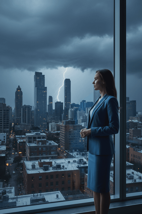 Professional woman standing at office window with dramatic stormy sky