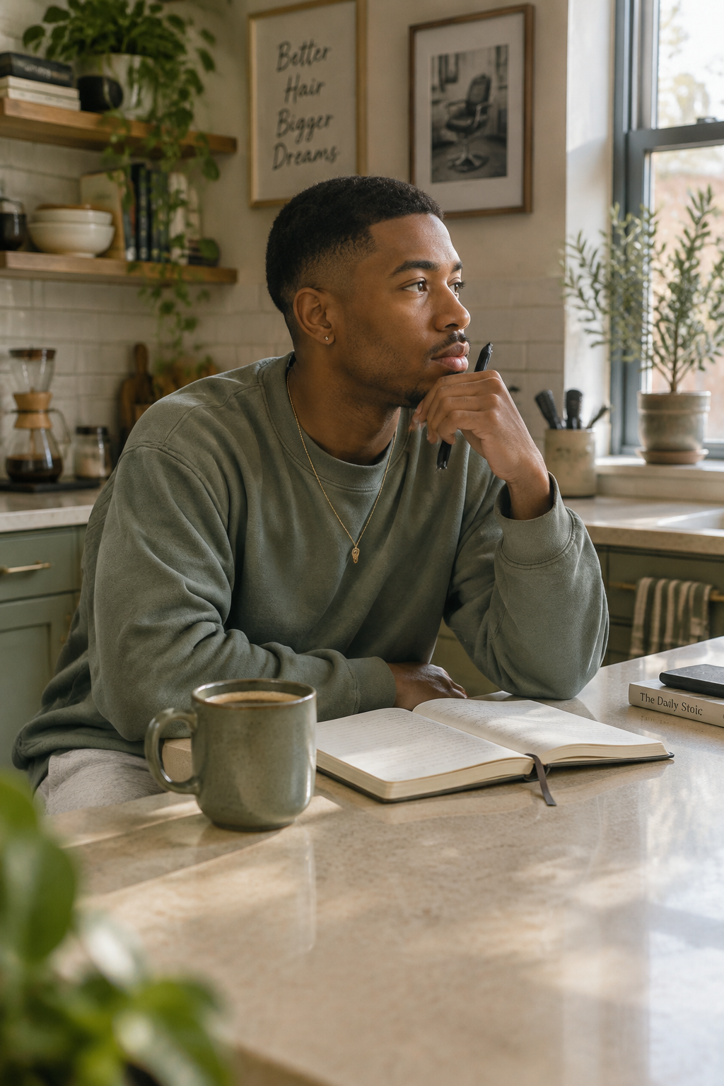 Young Black man journaling alone at his kitchen counter with a coffee mug