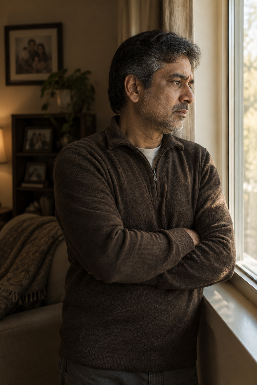 South Asian man standing at window in quiet conflict