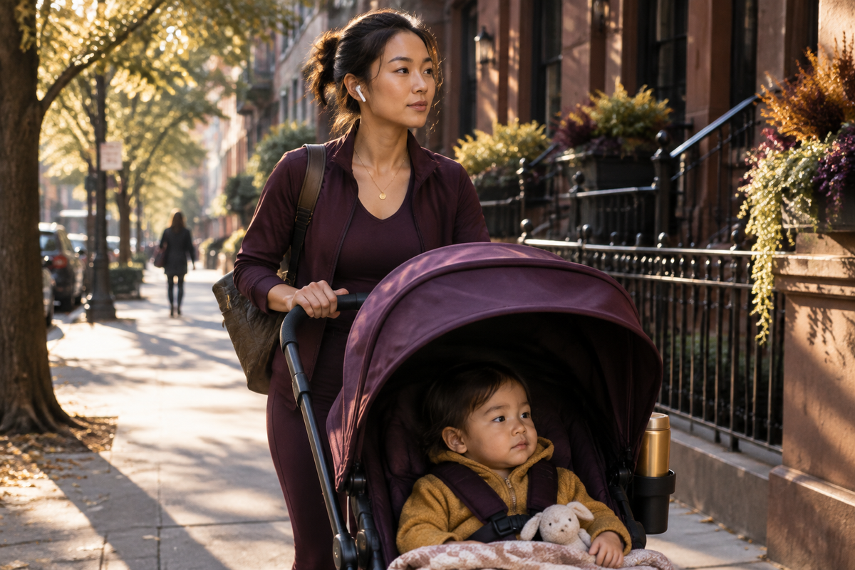 Young Asian mother walking with her child in a stroller, calm and purposeful