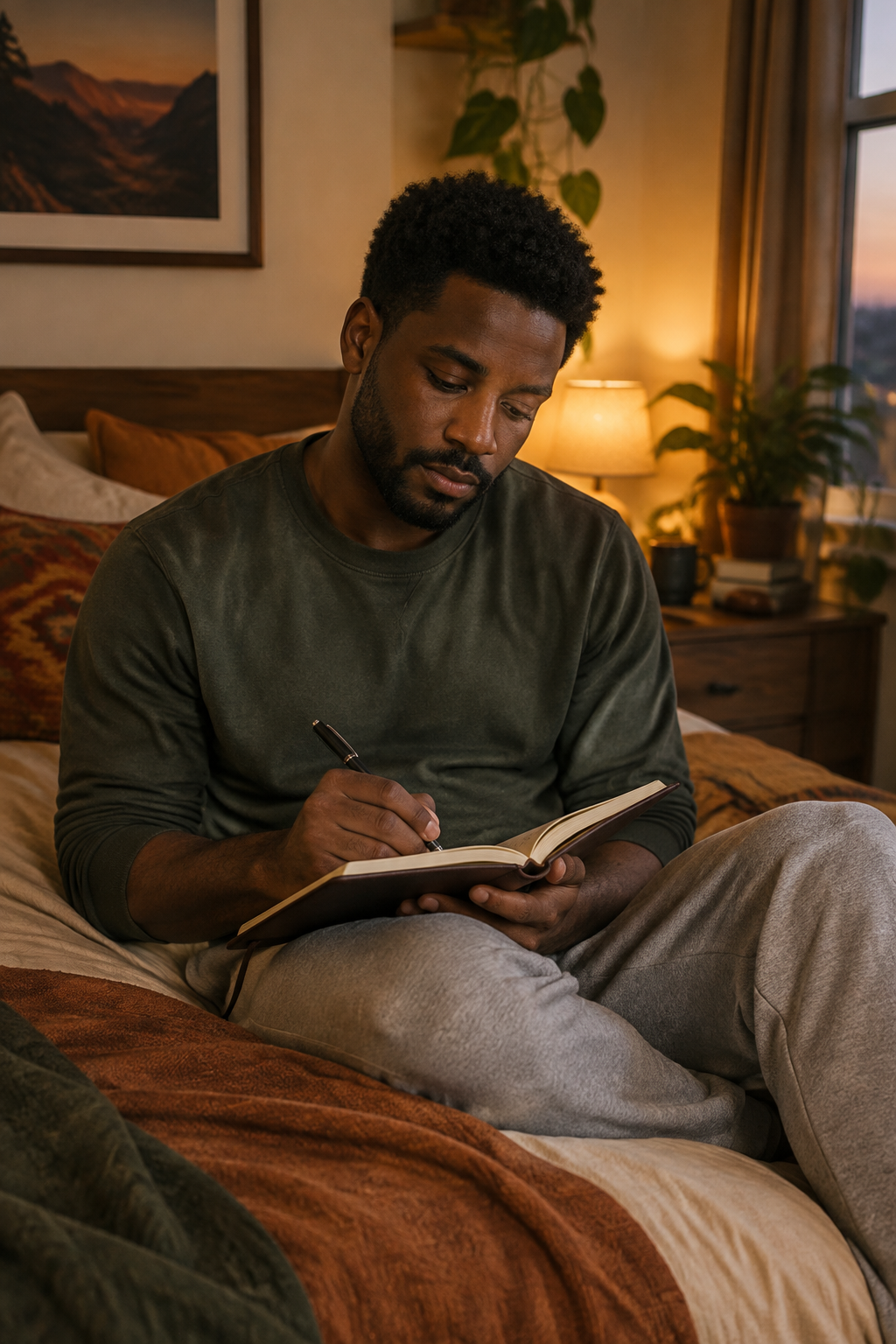 Black man journaling on bed, warm evening light