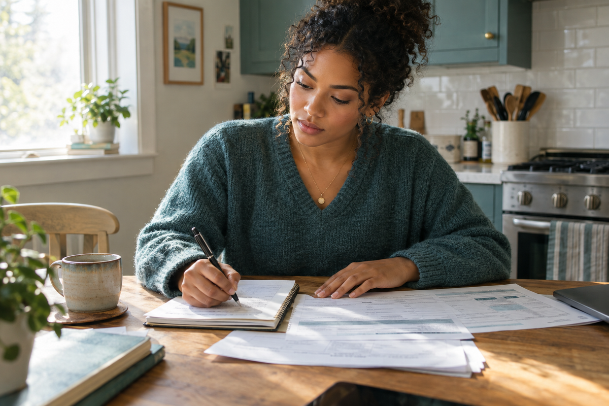 Young biracial woman at kitchen table filling out paperwork, focused and determined