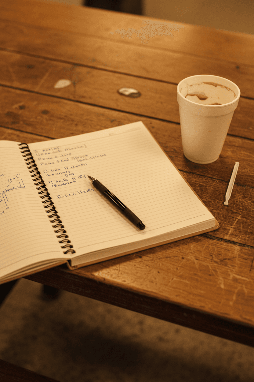 Flat lay workbook open on break room table with coffee cup and pen