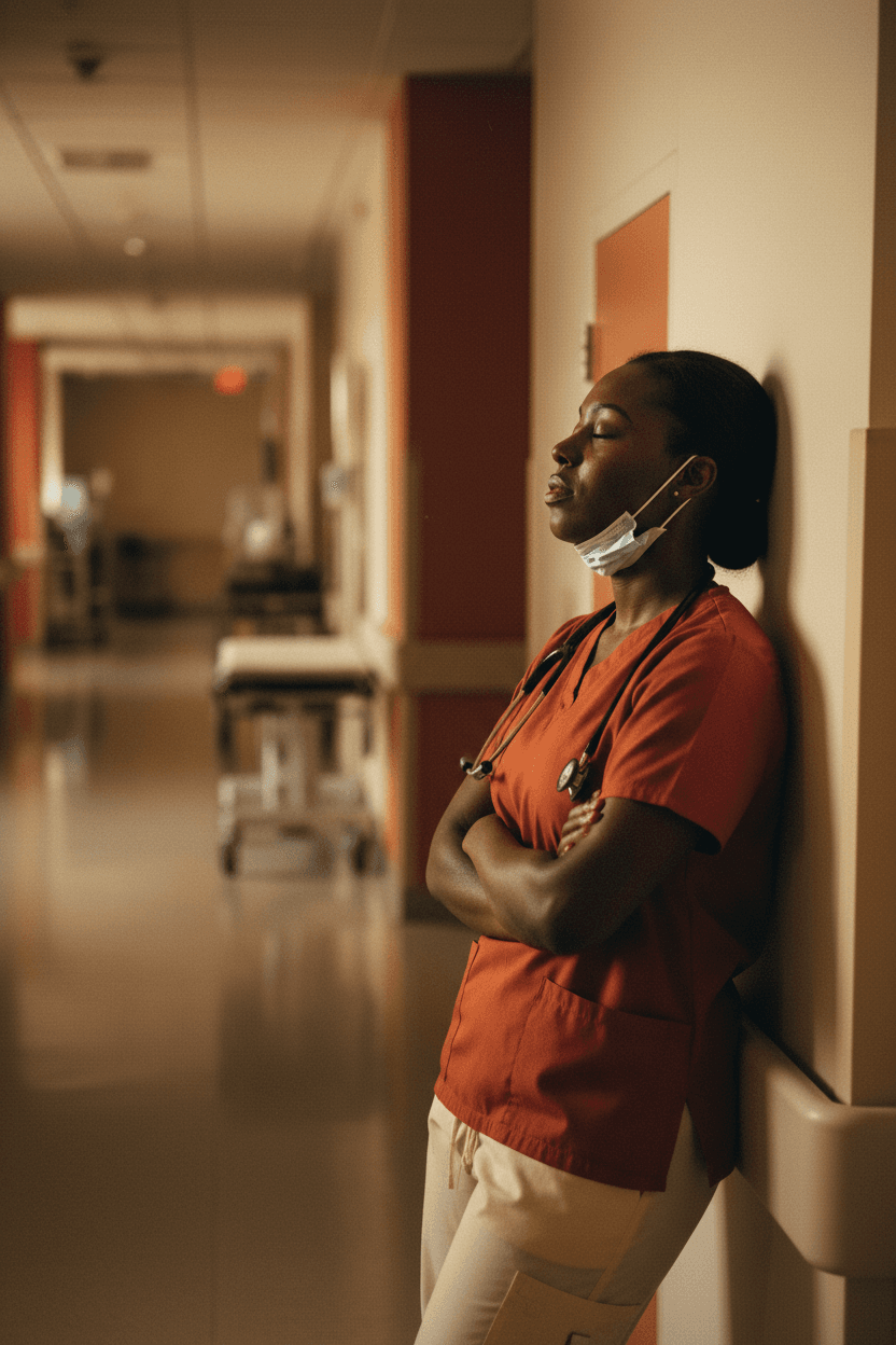 Black female nurse standing in hospital corridor, eyes closed, taking a quiet breath