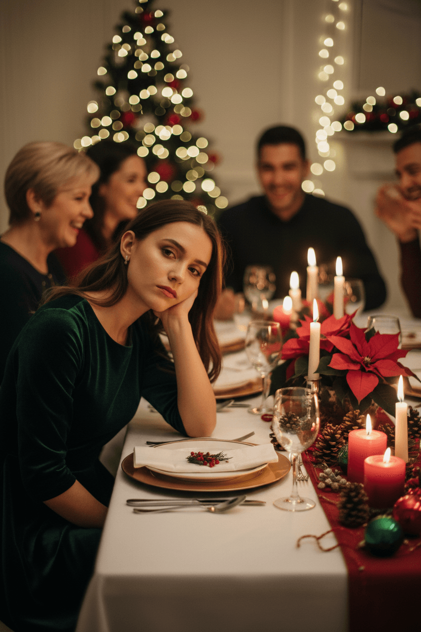 Person looking bored at Christmas family dinner