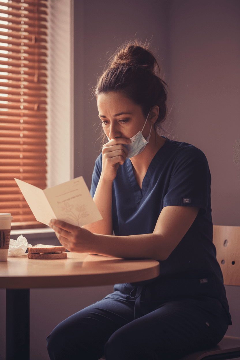 Woman in work uniform reading sympathy card, quiet grief in break room