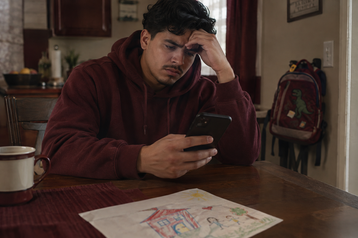 Young Latino father at kitchen table, frustrated but composed, child's drawing in front of him