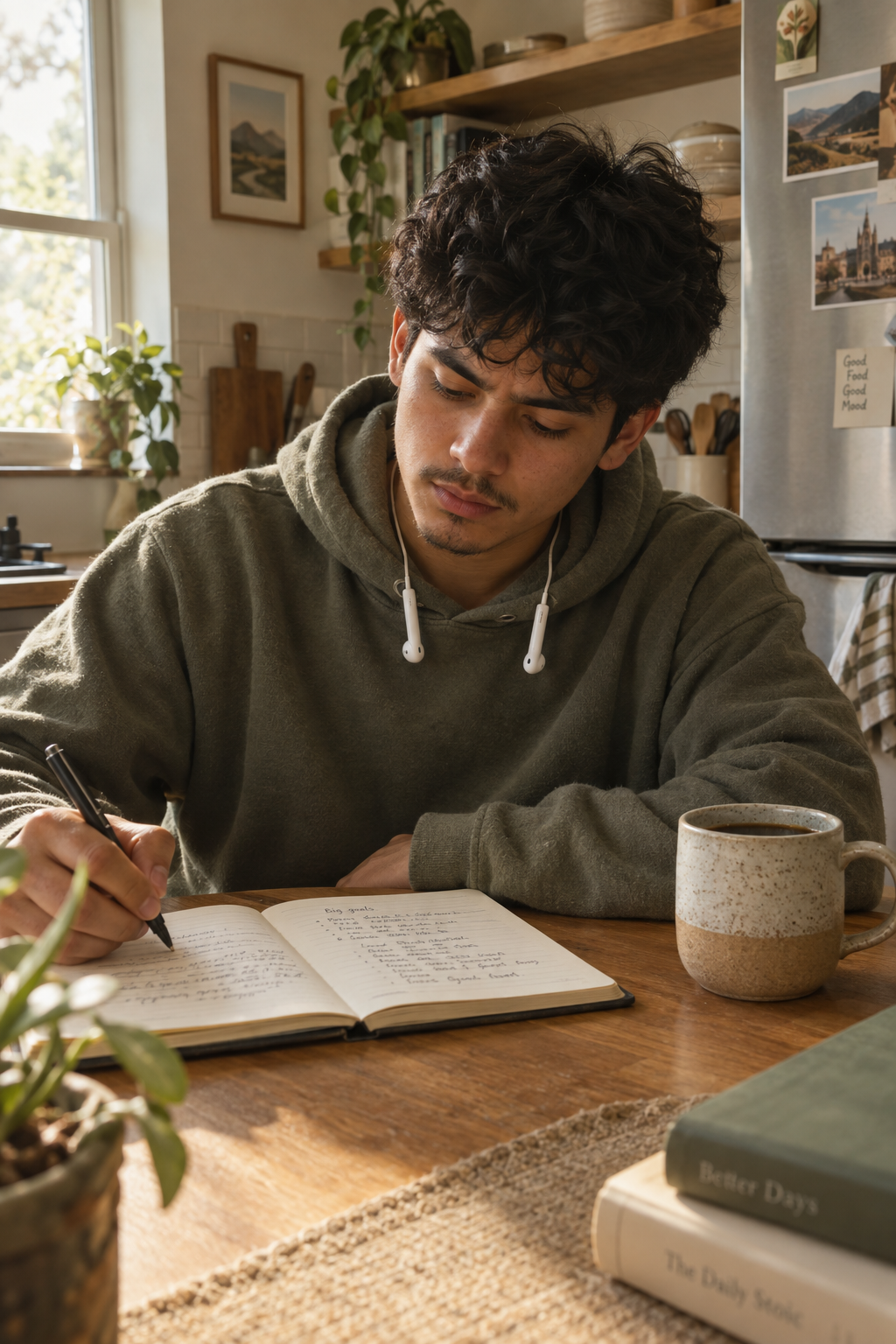 Young Latino man writing reflectively in a notebook at his kitchen table