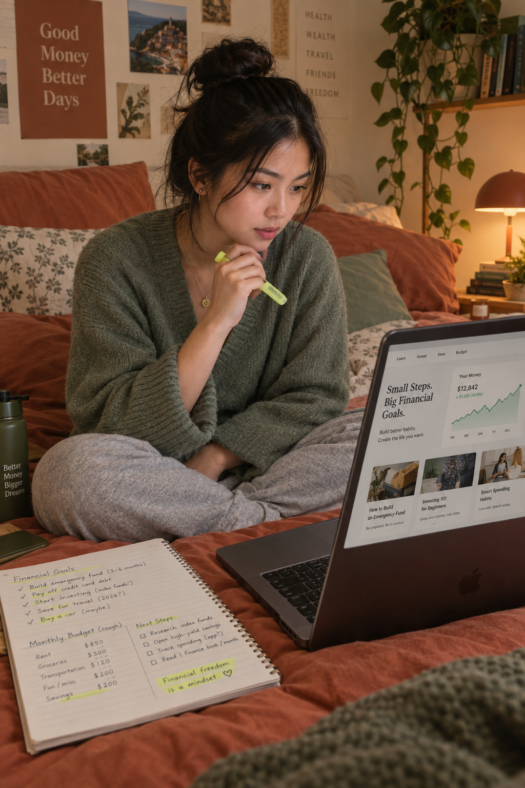 Young Asian woman on her bed with a laptop and notebook, studying financial content